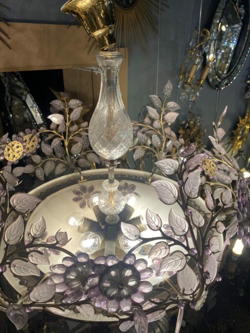 1970' Lustre en Laiton Doré Style Maison Bagués Feuilles en Verre Coloré – Image 10