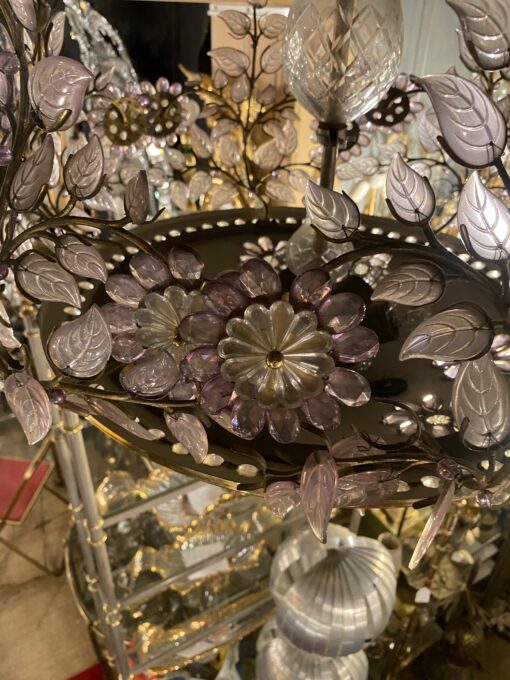 1970' Lustre en Laiton Doré Style Maison Bagués Feuilles en Verre Coloré – Image 7
