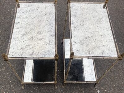 1950′ Pair of Maison Baguès Tables Bamboo Decor in Silver Bronze With Aged Oxidized Mirror Tops 52 X 33 X H 67 cm