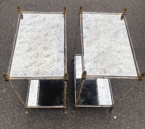 1950′ Pair of Maison Baguès Tables Bamboo Decor in Silver Bronze With Aged Oxidized Mirror Tops 52 X 33 X H 67 cm