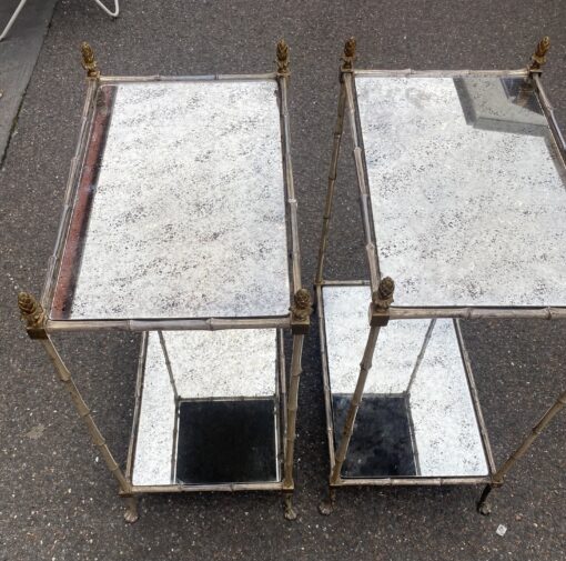 1950′ Pair of Maison Baguès Tables Bamboo Decor in Silver Bronze With Aged Oxidized Mirror Tops 52 X 33 X H 67 cm - Image 16