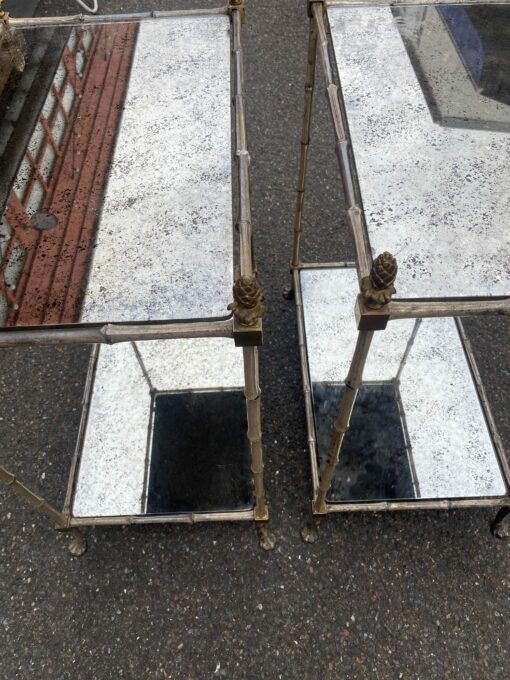 1950′ Pair of Maison Baguès Tables Bamboo Decor in Silver Bronze With Aged Oxidized Mirror Tops 52 X 33 X H 67 cm - Image 15