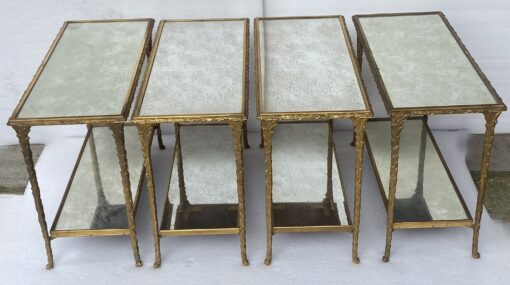 1970′ 2 Paires De Bouts De Canapé Maison Charles , Jansen Ou Baguès Décor Palmier en Bronze Doré avec Plateaux Miroirs Vieillis 71 X 32 X H 54 cm