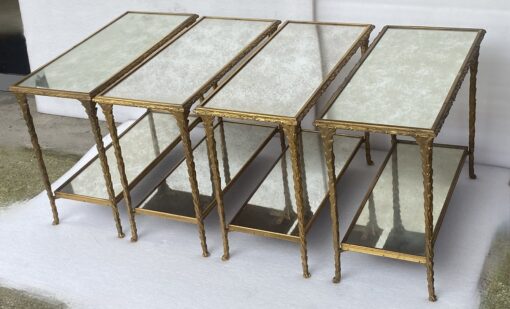 1970′ 2 Paires De Bouts De Canapé Maison Charles , Jansen Ou Baguès Décor Palmier en Bronze Doré avec Plateaux Miroirs Vieillis 71 X 32 X H 54 cm – Image 14