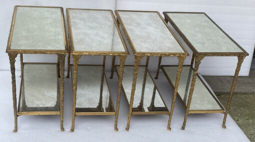 1970′ 2 Paires De Bouts De Canapé Maison Charles , Jansen Ou Baguès Décor Palmier en Bronze Doré avec Plateaux Miroirs Vieillis 71 X 32 X H 54 cm – Image 9