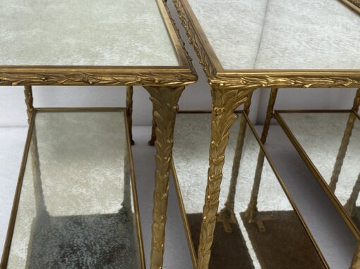 1970′ 2 Paires De Bouts De Canapé Maison Charles , Jansen Ou Baguès Décor Palmier en Bronze Doré avec Plateaux Miroirs Vieillis 71 X 32 X H 54 cm – Image 8