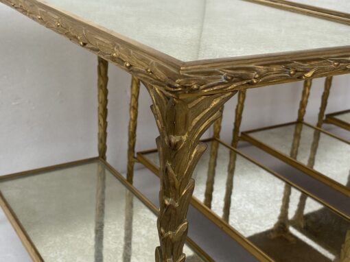 1970′ 2 Paires De Bouts De Canapé Maison Charles , Jansen Ou Baguès Décor Palmier en Bronze Doré avec Plateaux Miroirs Vieillis 71 X 32 X H 54 cm – Image 7