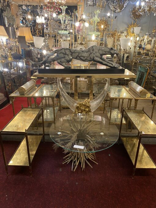 1970′ 2 Paires De Bouts De Canapé Maison Charles , Jansen Ou Baguès Décor Palmier en Bronze Doré avec Plateaux Miroirs Vieillis 71 X 32 X H 54 cm – Image 2
