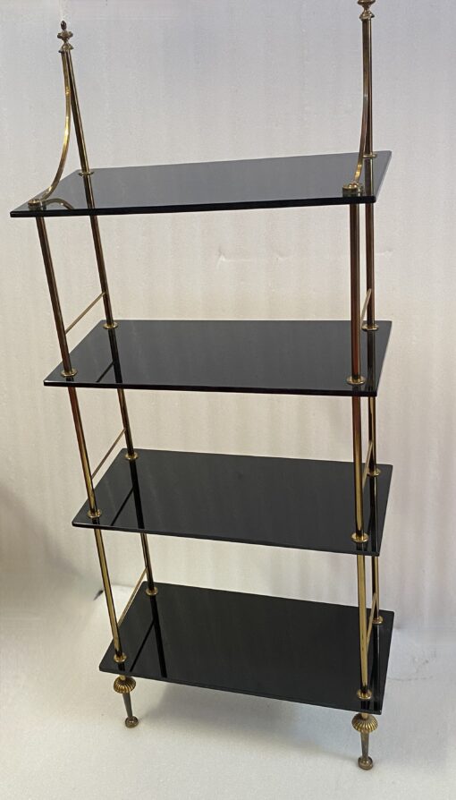 1970′ Étagère en Bronze à 4 Niveaux Maison Baguès Plateaux Opalines Noires 50 X 25 X H 124 cm