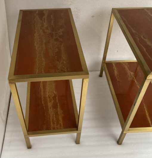 1970′ Paire De Bouts De Canapés à 2 Niveaux Maison Jansen Plateaux Laque Mélaminé Orange Avec Decors A L’Or 60 X 30 H 55 cm – Image 17