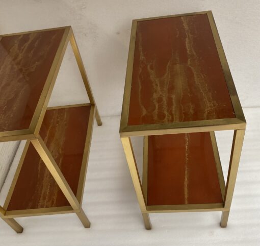 1970′ Paire De Bouts De Canapés à 2 Niveaux Maison Jansen Plateaux Laque Mélaminé Orange Avec Decors A L’Or 60 X 30 H 55 cm – Image 16