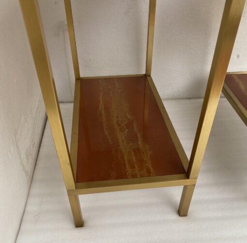 1970′ Paire De Bouts De Canapés à 2 Niveaux Maison Jansen Plateaux Laque Mélaminé Orange Avec Decors A L’Or 60 X 30 H 55 cm – Image 15
