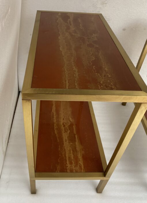 1970′ Paire De Bouts De Canapés à 2 Niveaux Maison Jansen Plateaux Laque Mélaminé Orange Avec Decors A L’Or 60 X 30 H 55 cm – Image 14