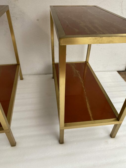 1970′ Paire De Bouts De Canapés à 2 Niveaux Maison Jansen Plateaux Laque Mélaminé Orange Avec Decors A L’Or 60 X 30 H 55 cm – Image 13