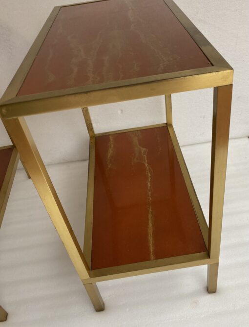1970′ Paire De Bouts De Canapés à 2 Niveaux Maison Jansen Plateaux Laque Mélaminé Orange Avec Decors A L’Or 60 X 30 H 55 cm – Image 12