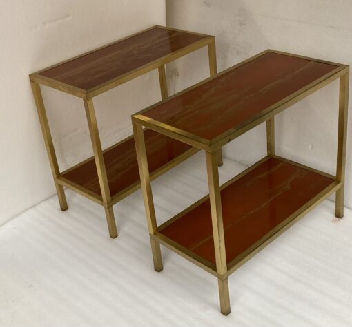 1970′ Paire De Bouts De Canapés à 2 Niveaux Maison Jansen Plateaux Laque Mélaminé Orange Avec Decors A L’Or 60 X 30 H 55 cm – Image 11