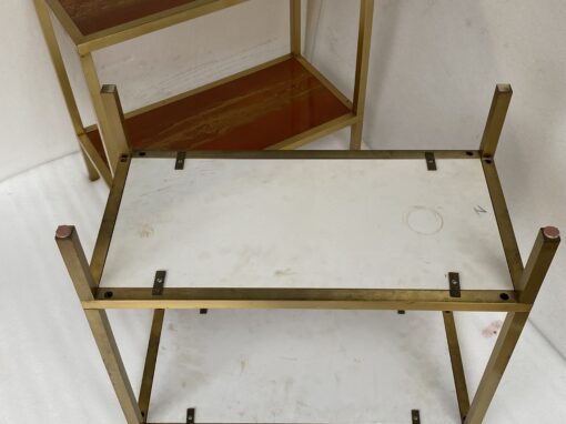 1970′ Paire De Bouts De Canapés à 2 Niveaux Maison Jansen Plateaux Laque Mélaminé Orange Avec Decors A L’Or 60 X 30 H 55 cm – Image 6