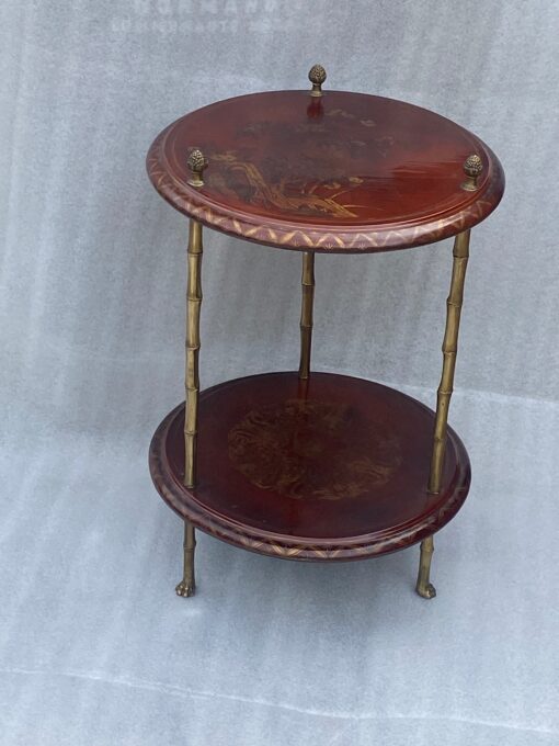 1970′ Maison Baguès Style Pedestal Pair Of Table Bamboo Decor in Gilt Bronze With Chinese Lacquer Trays - Image 5