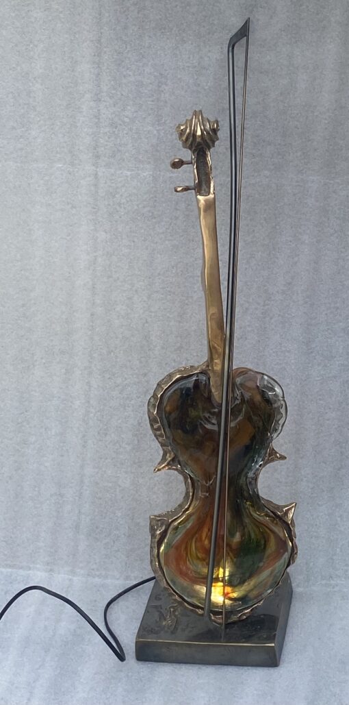 1970/80 Violin Lamp In Bronze And Glass Paste, Sculpture Signed LOHE