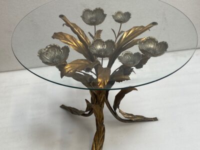 1970′ Tripod Pedestal Table With Anemones In Golden And Silver Iron By Hans Kogl