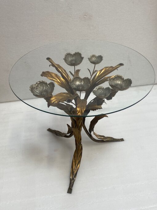 1970′ Tripod Pedestal Table With Anemones In Golden And Silver Iron By Hans Kogl