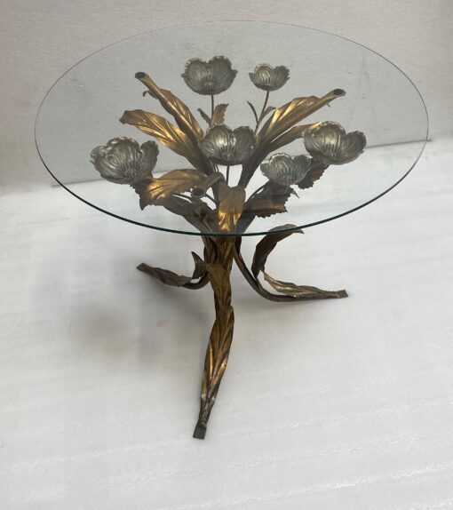 1970′ Tripod Pedestal Table With Anemones In Golden And Silver Iron By Hans Kogl - Image 2
