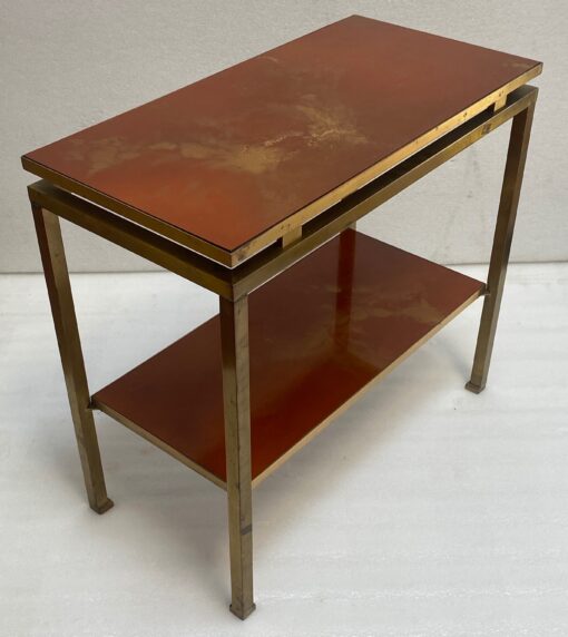 1970′  Side Table At 2 Levels Maison Jansen Orange Melamine Lacquer Trays With Vintage Gold Decors 60 X 30 H 55 cm