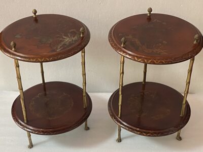 1970′ Maison Baguès Style Pedestal Pair Of Table Bamboo Decor in Gilt Bronze With Chinese Lacquer Trays