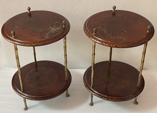 1970′ Maison Baguès Style Pedestal Pair Of Table Bamboo Decor in Gilt Bronze With Chinese Lacquer Trays