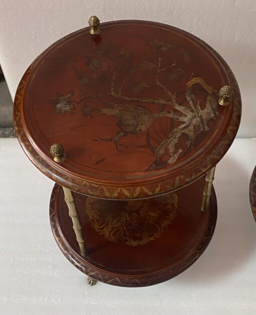 1970′ Maison Baguès Style Pedestal Pair Of Table Bamboo Decor in Gilt Bronze With Chinese Lacquer Trays - Image 14