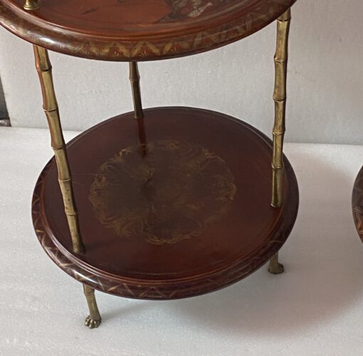 1970′ Maison Baguès Style Pedestal Pair Of Table Bamboo Decor in Gilt Bronze With Chinese Lacquer Trays - Image 11