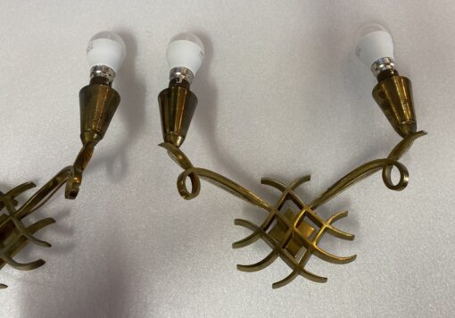 1950' Pair of Wall Lights with 2 Arms of Light in Gilt Bronze Attributed to Jules LELEU (1883 - 1961) - Image 14