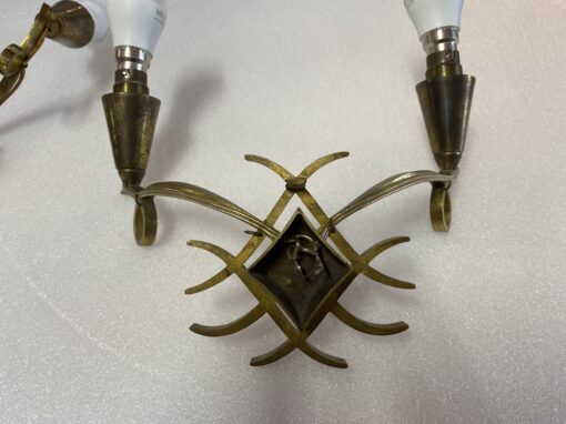 1950' Pair of Wall Lights with 2 Arms of Light in Gilt Bronze Attributed to Jules LELEU (1883 - 1961) - Image 12