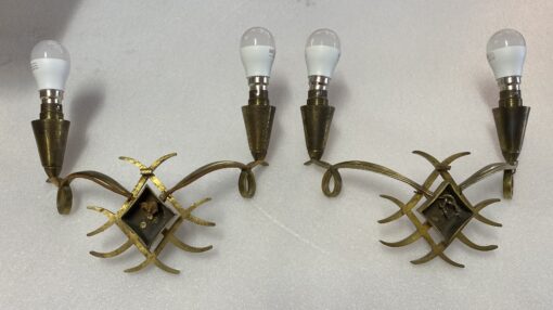 1950' Pair of Wall Lights with 2 Arms of Light in Gilt Bronze Attributed to Jules LELEU (1883 - 1961) - Image 9