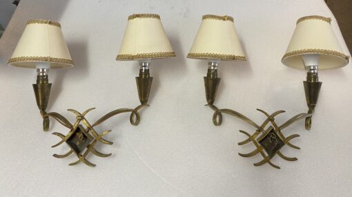 1950' Pair of Wall Lights with 2 Arms of Light in Gilt Bronze Attributed to Jules LELEU (1883 - 1961)
