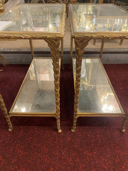 1970′ Pair Of Sofa Ends Maison Charles, Jansen Or Baguès Palm Tree Decor In Gilt Bronze With Aged Mirror Trays 71 X 32 X H 54 cm - Image 2