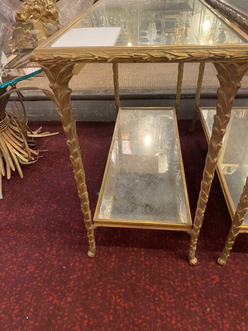 1970′ Pair Of Sofa Ends Maison Charles, Jansen Or Baguès Palm Tree Decor In Gilt Bronze With Aged Mirror Trays 71 X 32 X H 54 cm - Image 4