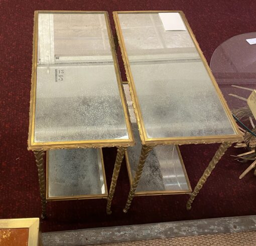 1970′ Pair Of Sofa Ends Maison Charles, Jansen Or Baguès Palm Tree Decor In Gilt Bronze With Aged Mirror Trays 71 X 32 X H 54 cm