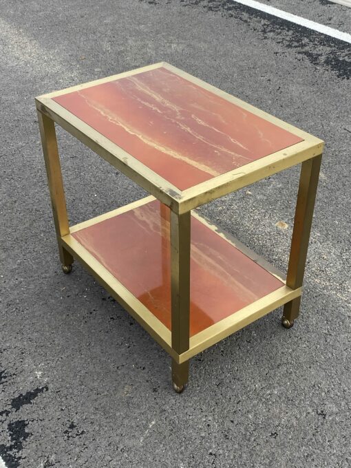 1970′ Trolley On Wheels With 2 Levels Maison Jansen Orange Melamine Lacquer Trays With Gold Decors 60 X 40 H 58 cm