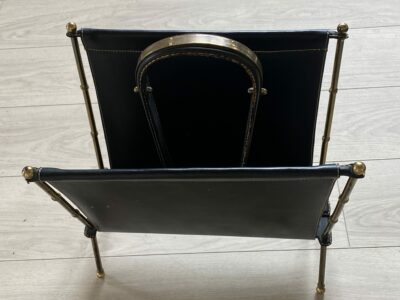 1950/70' Jacques Adnet Magazine Holder Leather And Bronze Or Golden Brass