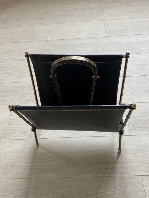 1950/70' Jacques Adnet Magazine Holder Leather And Bronze Or Golden Brass