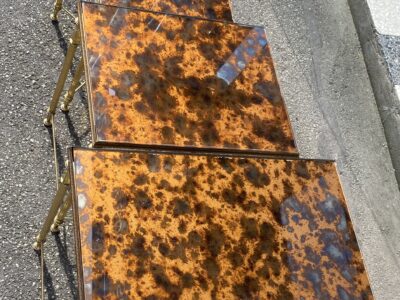 1970′ Series of 3 Maison Baguès Nesting Tables in Gilt Bronze, 3 Rust-Colored Aged Oxidized Mirror Trays and Fluted Uprights