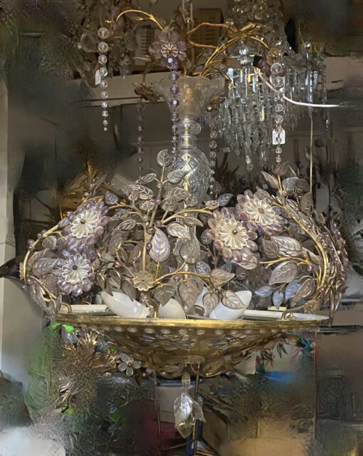 1970′ Golden Brass Chandelier Plant Decor Maison Bagués Style, Leaves And Flowers In Colored Glass