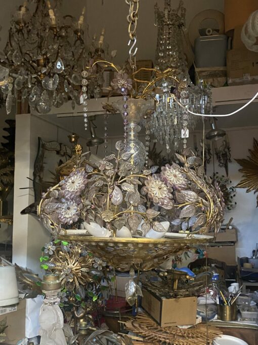 1970′ Golden Brass Chandelier Plant Decor Maison Bagués Style, Leaves And Flowers In Colored Glass - Image 13