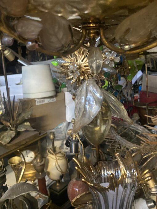 1970′ Golden Brass Chandelier Plant Decor Maison Bagués Style, Leaves And Flowers In Colored Glass - Image 12