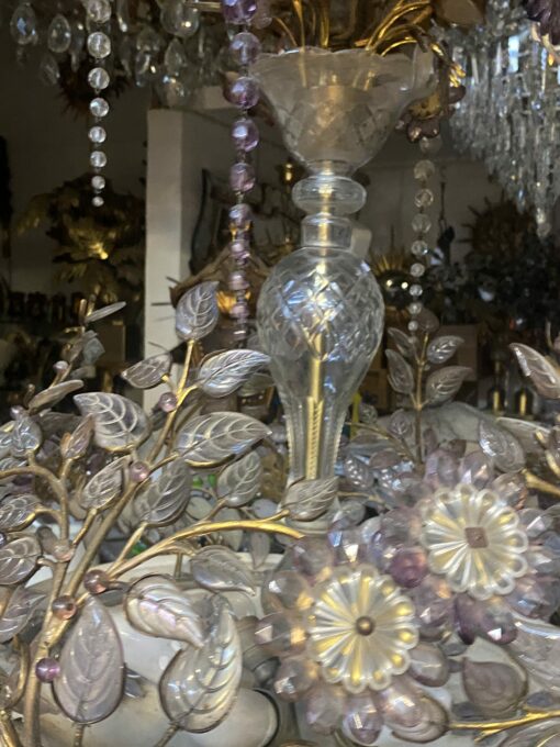 1970′ Golden Brass Chandelier Plant Decor Maison Bagués Style, Leaves And Flowers In Colored Glass - Image 11