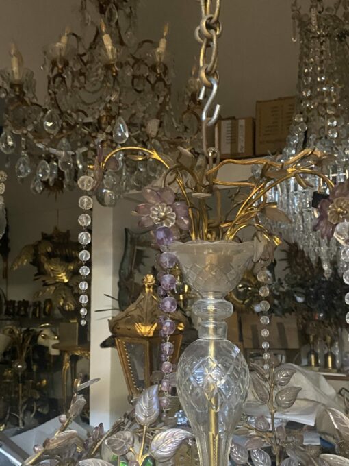 1970′ Golden Brass Chandelier Plant Decor Maison Bagués Style, Leaves And Flowers In Colored Glass - Image 10