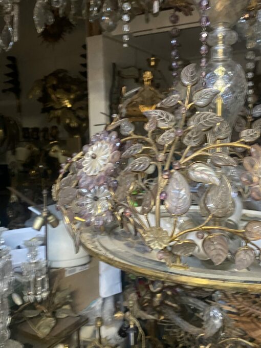 1970′ Golden Brass Chandelier Plant Decor Maison Bagués Style, Leaves And Flowers In Colored Glass - Image 9