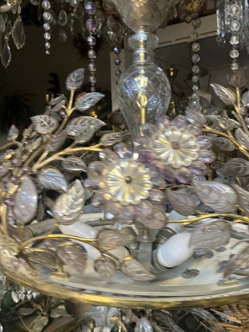 1970′ Golden Brass Chandelier Plant Decor Maison Bagués Style, Leaves And Flowers In Colored Glass - Image 8