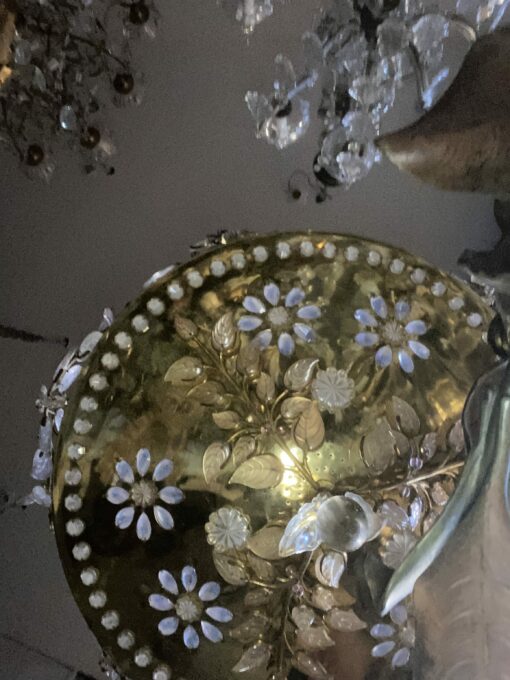 1970′ Golden Brass Chandelier Plant Decor Maison Bagués Style, Leaves And Flowers In Colored Glass - Image 7